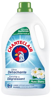 Chanteclair - Lessive Liquide Concentrées Musc Blanc, Enrichie au Dégraissant, Ultra Détachantes et Efficaces aussi à Froid, 40 lavages - 1800 ml
