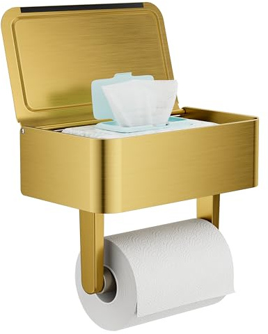 WZKALY Toilet Paper Holder with Shelf, Wipes Holder for Bathroom, Flushable Wipes Dispenser, Stainless Steel Toilet Paper Roll Holder with Storage for Wet Wipes Wall Mounted (Gold, Regular Roll)