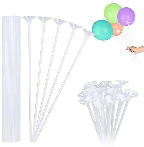 100 Stück Wiederverwendbar Luftballonhalter Set, Haltbare Ballonhalter, Ballonstäbe Weiß, Luftballonstäbe mit Halterung, Luftballon Stab für Dekoration Geburtstag Partys Hochzeits(32cm)