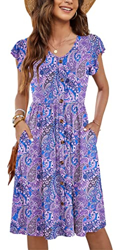 MOLERANI Damsommarklänningar, volangärmar, V-ringad, avslappnad, svängande, elastisk midja, midiklänning med fickor, S–2XL