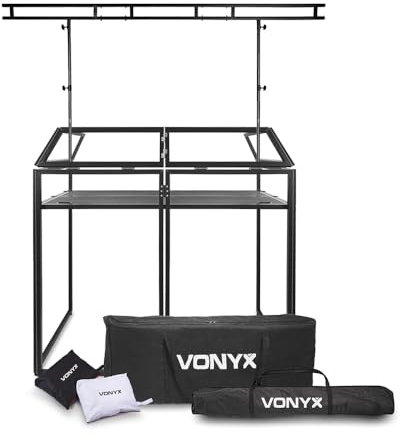 VONYX DB3 Portable DJ Booth Stand with Foldable Design, Overhead Lighting T-Bar Kit, DJ Desk and Black & White Lycra Cloth Covers included for Mobile DJs, Events & Parties