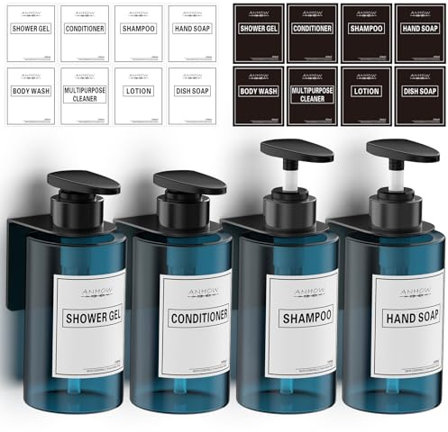 Anhow 4 styck Handspridare för tvål, 300ml Handspridare för vätska för bad, dusch, kök, schampo, balsam, badskum - Blå