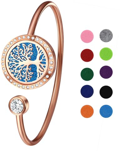 Cupimatch Damen Armband Edelstahl Armspange: Rosegold Armreif Duftarmband zum Öffnen mit Aromatherapie Lebensbaum Armband mit Strasssteinen Geschenke für Frauen Mädchen zu Geburtstag Valentinstag