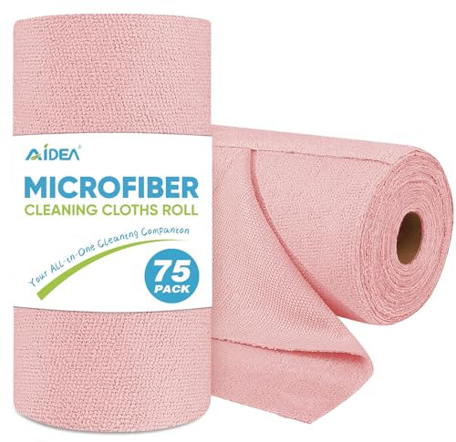 AIDEA Rollo de paño de limpieza de microfibra, 75 unidades, toallas de papel reutilizables extraíbles, toallas rosadas, trapos sin pelusa para casa, cocina, suministros de limpieza de automóviles