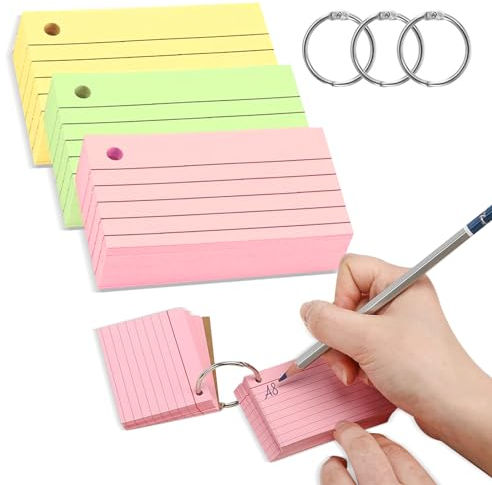 Yolistar 300 farbige Karten, Flashcards, Adresskarten, Flash Cards Karteikarten mit linierten Indexkarten mit 3 Ringbüchern, Lernen, Büro, Zuhause (3 Farben)