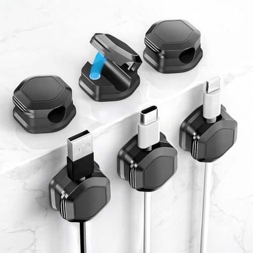 6 Piezas Clips Magnéticos para Cables, Organizador Adhesivo para Escritorio, Mesita de Noche, Cables de Carga, HDMI, USB, Cables de Audio (6, Negro)