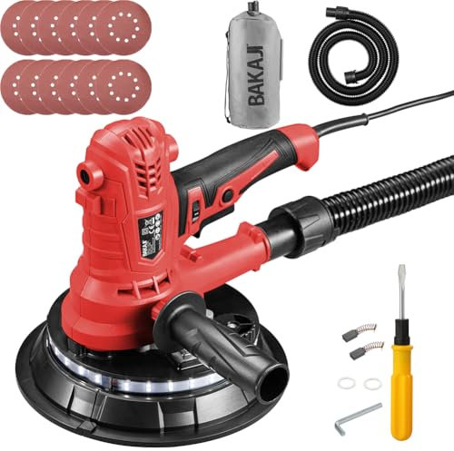 Bakaji Levigatrice Muro Soffitto Pieghevole Carteggiatrice Giraffa Cartongesso Aspirazione Polvere Automatica con Luce a LED Asta Telescopica e 6 Dischi Abrasivi (Manuale con Sacco 900W)