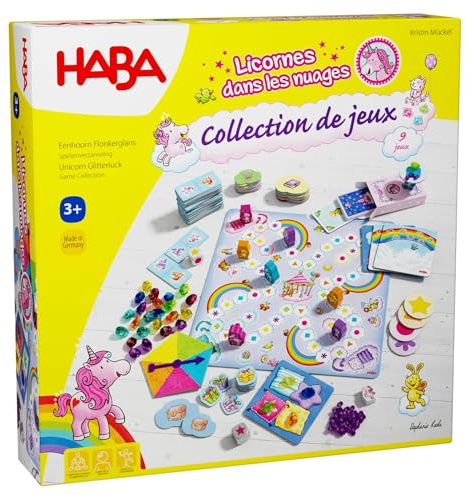 HABA Licorne Glitzerglück Collection de Jeux – 9 Jeux variés de dés, de Plateau et de Cartes – avec des règles Simples – Fabriqué en Allemagne – pour Enfants à partir de 3 Ans – 2010879002