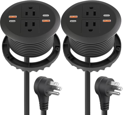 MAZZGOFOR 2pcs Desktop Power Grommet,Dual PD20W USB C,40W Total Output,4 USB Ports,Flush Mounted for 3-1/8 Desk Grommet Holes,Round Recessed Outlet,ETL-Certified,Flat Plug,6.4 ft,Black