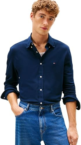 Tommy Hilfiger herr stickad Pique fjädervikt skjorta MW0MW41690 L/S skjorta, blå, S, Blå (mörk natt marinblå), S