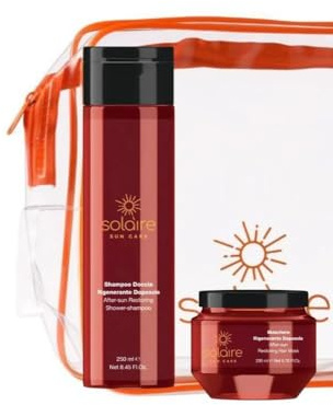 Solaire Sun Kit per Capelli, Shampoo Doposole e Maschera Rigenerante con Pochette in Omaggio, Trattamento Protettivo Solare