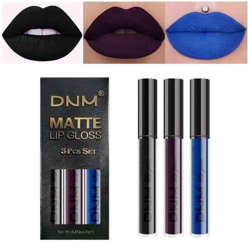 3Pcs Dark Black Purple Blue Matte Liquid Lipstick Halloween for Women Long Lasting Smudge Proof Black 24 Hours Original Lip Liner and Lipstick Stain Makeup Set labial mate larga duracion 24