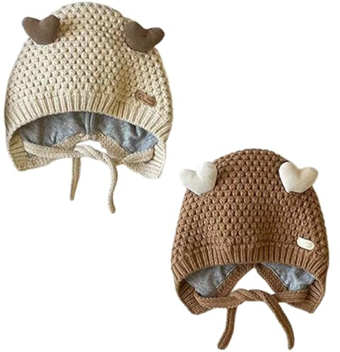 2 Pièces Bonnet Bébé Naissance, Chapeau Tricoté Enfant, Bonnet Amour Fille Garçon, Cap Mignon Doux pour Automne Hiver, Beige et Kaki