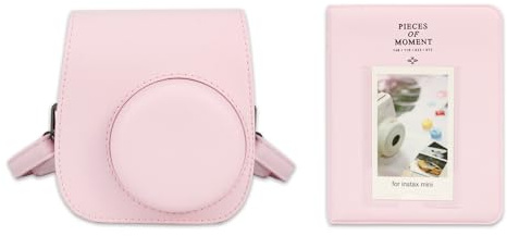 Frankmate Protective Case Fits for Fujifilm Instax Mini 12 11 9 8 Camera, PU Leather Carrying Bag with Adjustable Shoulder Strap and 64 Pockets Photo Album (Blossom Pink)