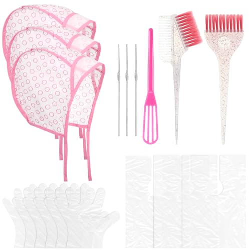18 PCS Hair Highlighting Kit with Hair Dye Brush and Color Whisk Highlight Frosting Cap with Hook Professional Tint Comb Disposable Gloves Capes Home Use Salon Tools for Tint Dying Coloring