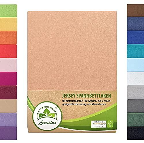Boxspringbett & Wasserbett Spannbettlaken von leevitex® | Spannbetttuch | ÖKO-TEX | 180x200 – 200x220 cm | 100% Mako-Jersey-Baumwolle | 170 g/m² | 40 cm Steg | Leinen/Aprikot