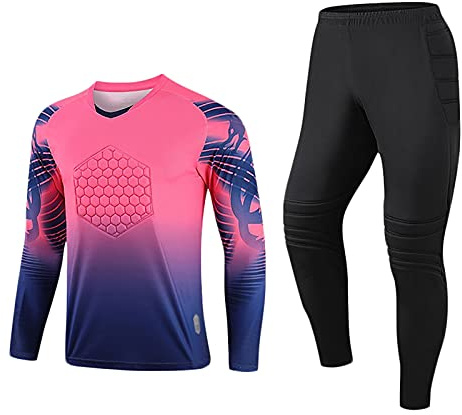 G&F Hombres Fútbol Uniforme Portero, Acolchado Anti Choques Camisas y Pantalones Manga Larga con Protector Esponja (Color : Rose Red, Size : L)