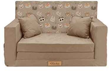 Flumi Personalisierte Kindercouch Kinder Sessel Sofa Schlafsofa jugendzimmer mit Gravur KINDERNAME Spielsofa für Kinderzimmer Schlafsessel Bettfunktion Kindermöbel 92x40x60 Mikrofaser (Beige + Bären)
