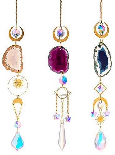 3 Stück Sonnenfänger Kristall Delmkin Sonnenfänger Achat Regenbogen Suncatcher Anhänger Deko für Fenster Haus Büro Auto (Lila + Seeblau + Weiß)