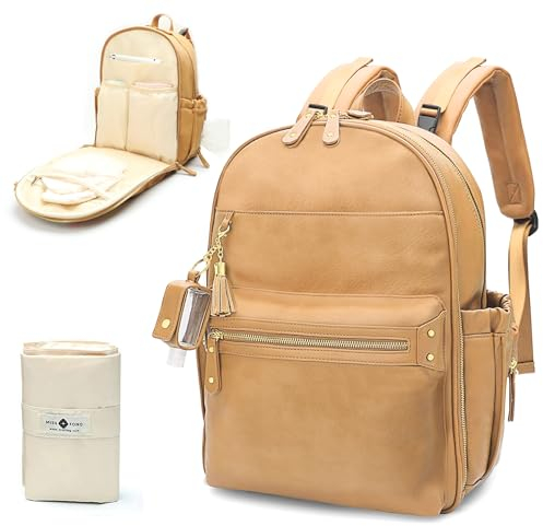 MISS FONG Wickelrucksack Wickeltasche Rucksack Leder, Große Kapazität Baby Wickelrucksack mit Reiseflaschen Schlüsselbund, Schlüsselbundflaschen, Wickelunterlage und Kinderwagen Haken-Erdnüsse