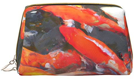 Bolsa de Maquillaje de Cuero portátil Minimalista y Elegante, Bolsa de cosméticos Impresa con Peces de Carpa en el Estanque para niñas y Mujeres, tamaño pequeño