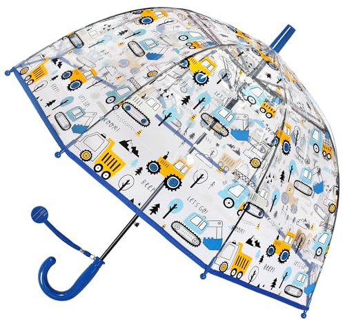 Kinder Regenschirm mit Kuppeldach Leichtes Niedliches Lustiges Design, Wind- und Regenschutzschirm,Stockschirm in Glockenform Transparent - Geschenke für Kinder (Blue Digger)