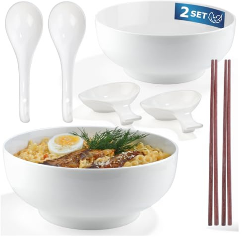 Urban Lifestyle Set Bols Ramen pour 2 Personnes Bols Ramen Ø 20,5 cm 1,7 L en Porcelaine New Bone China, Set Bols à Soupe avec Cuillères, Baguettes Japonaises et Coupelles Sauce Bol Nouilles Blanc