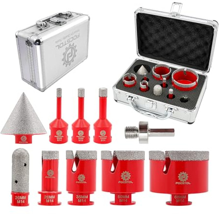 FOCSTOL Juego de Brocas - Corona Diamante para Porcelanico Cerámica Mármol Granito 10 piezas (6/8/10/20/35/50/68mm+20mm Fresa Diamante+50mm Broca Chaflán Biselado+Adaptador)