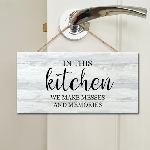 In This Kitchen We Make Messes And Memories, targa da parete in legno con citazione positiva per la famiglia, classica decorazione da parete per interni, vacanze, casa, aula e ufficio, 10 x 20 cm