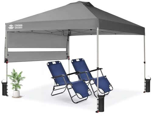 CROWN SHADES 10x10 Pop up Canopy Tent, Instant Commercial Canopy with Extend Awning, Patended Centerlock, 150D Silver Coated Fabric, 4 Ropes, 8 Stakes, 4 Weight Bags, STO 'N Go Bag, Grey