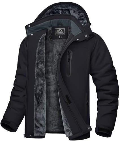 KEFITEVD Mens Winter Waterproof Jacket with Hood Fleece Ski Jacket Warm Outdoor Windproof Sport Jackets Multi-Pockets Black XL