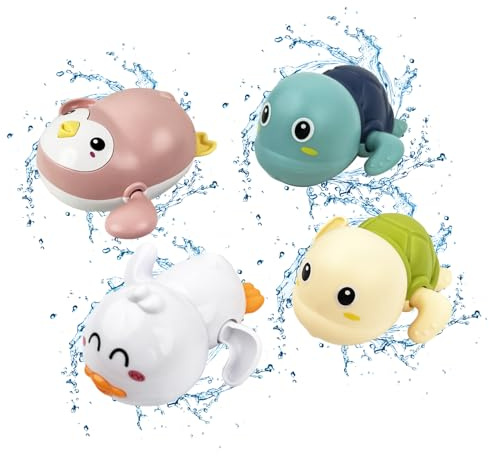 4 Pcs Baby Bath Toys, Wind Up Bath Toy, Baby Bathtub Toys Paddling Pool Toys, Floating Swimming Duck Turtle Penguin, Bath Toys for 0 1 2 3 Years Old Kids Toddlers Boys Girls Bath Gifts