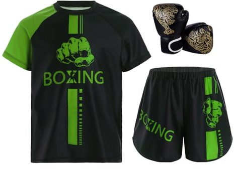 Runqhui - Conjunto de traje de boxeo para niño y niño, camiseta + pantalones cortos + guantes de boxeo Muay Thai MMA Kickboxing, Verde y negro, 11-12 Años