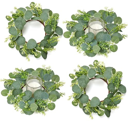 Betylifoy Lot de 4 anneaux de bougie en eucalyptus pour bougies à tige - Couronne de bougies - Petites couronnes vertes - Pour mariage, centres de table, décoration de fenêtre