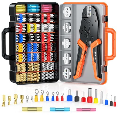 Preciva - Juego de alicates de crimpado con caja, juego de herramientas de crimpado de alambre de trinquete para termorretráctil, terminales de virola con 6 cabezales para un cambio rápido
