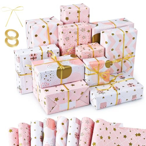Halinuia Papier Cadeau Rose, Papier Emballage Cadeau Anniversaire avec Ruban pour Fille Femme Enfant, 70x50 CM, Recyclé Papier Cadeau pour Mariage,8 Feuille
