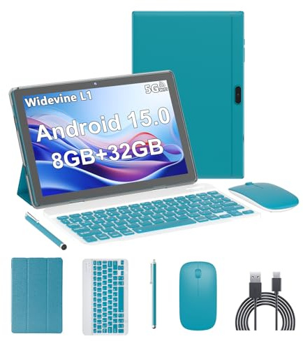 Android 15 Tablet, 10 Zoll Tablets, 18 GB RAM + 128 GB ROM/2 TB erweiterbar, 2-in-1-Tablets mit Tastaturhülle, 1280 x 800 HD IPS-Display, Wi-Fi6, Dual-Kamera, 6000 mAh Akku BT5 Widevine L1 (Grün)