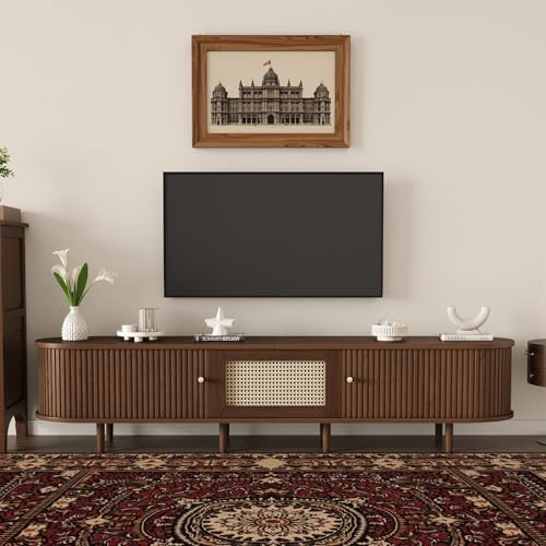 LINKHOO Meuble TV Rotin, Support TV Ovale en Noyer foncé, Design rotin - 180 cm Design MDF, Pieds réglables, capacité de Charge 30 kg