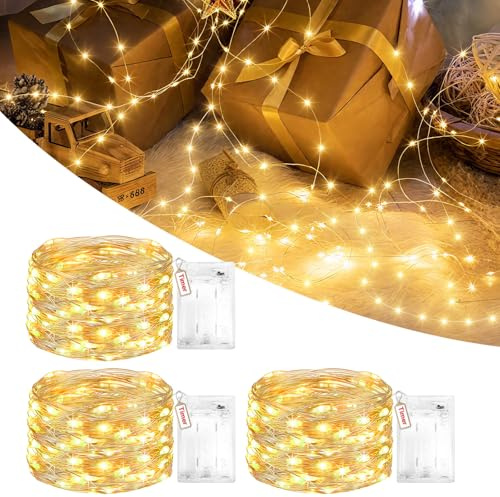 Peasur 3 Pezzi Lucine Led Decorative a Batteria con Timer, 3M 30 LED Scintillio Luci Led a Batteria, Impermeabile Mini Stringa Led Battery per Interni e Esterni, Natale, Feste, Bianco Caldo