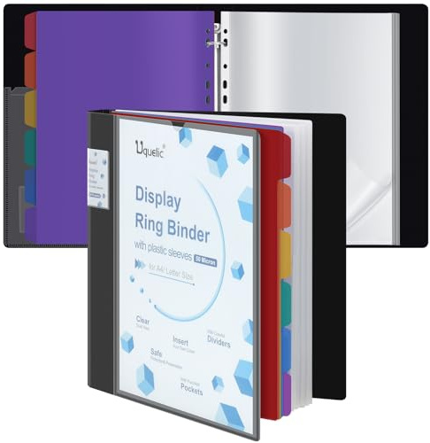 Uquelic Präsentationsbuch, Ringbücher mit 50 klarsichthüllen A4 glasklar (50 Mikron) und 6 bunten PP-Trennblättern, Ordner Organizer für Dokumente, Urkunden, Individuell Gestaltbares Cover