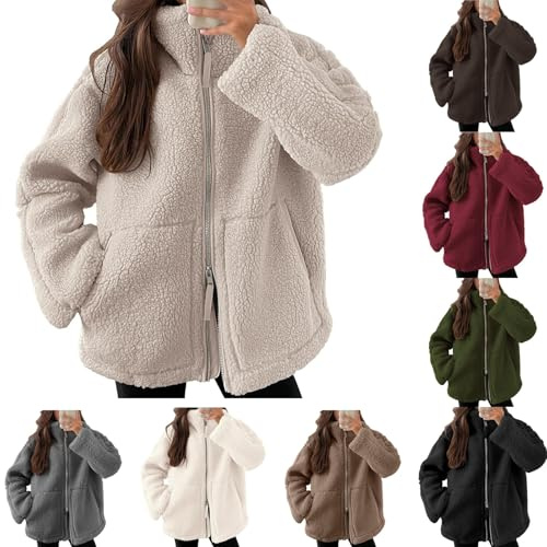 Generisk teddyfleece jacka dam, teddy fleecejacka dam teddyjacka dam fleecejacka varm tjock fritid tvåvägs dragkedja vinterjacka färgblock teddy jacka med fickor vinterrock