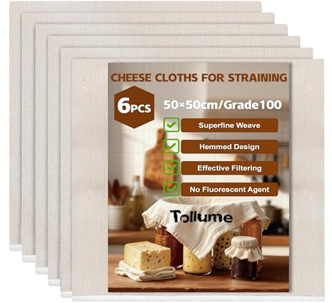 Tollume Cheese Cloths for Straining 6 PCS - Muslin Cloths for Cooking Unbleached Grade 100, 50 x 50cm Washable Hemmed Cheesecloth for Straining Nut Milk, Butter, Juice, Coffee, Jam & Wine Making