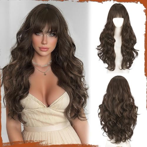 Sofeiyan Parrucca Lunga Ondulata,60 cm Marrone con Riflessi Parrucche Resistenti al Calore con Frangia, Capelli Sintetici Naturali per Donne,Adatte per Quotidiane, Feste e Cosplay