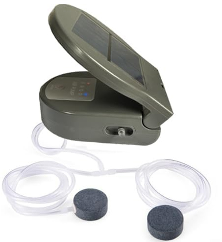 Bomba solar para estanque con aireador de batería, bomba de oxígeno portátil para estanques, solar recargable por USB, 2600 mAh, 3 modos, intervalo alto y bajo, diseño compacto ABS con hebilla de