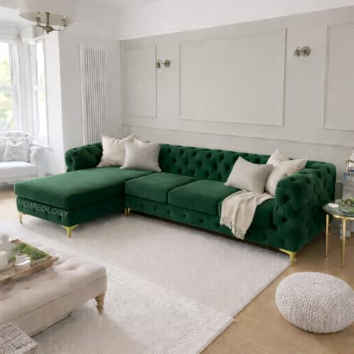 Plush Chesterfield 4 Seater Sofa with Chaise Lounge | L Shaped Sofa with Left & Right Hand Facing | Corner Sofa for Living Room with Gold Legs & Scatter Cushions (Green, Left Hand Chaise) | Luxury Sofa