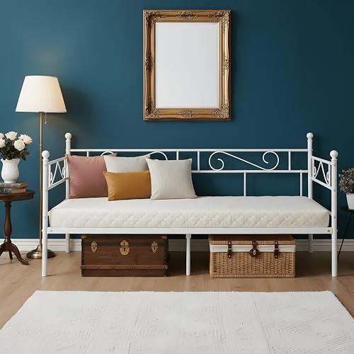 ZECIIYE Cama de Forja 90x190 Blanca, Cama Individual/Sofá Cama Multifuncional para Día, Habitación Juvenil, Estudio o Sala, Estructura Cama Robust con Patas (Sin Colchón)