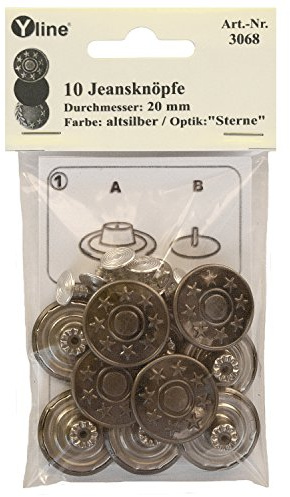 Yline 10 Jeans Knöpfe Altsilber 20 mm, Jeansknöpfe Metallknopf, Metall Knöpfe, nähfrei, im SB Pack, sl, 3068