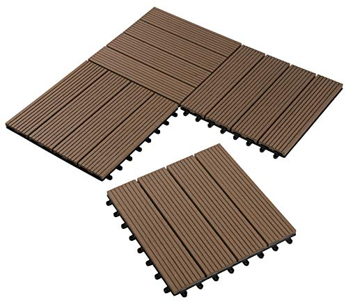 Laneetal 11 Pcs WPC Decking Tiles Brown Terrace Decking Wood Plastic Composite Interlocking Flooring Weather Resistant 30 x 30 cm (1 m²)
