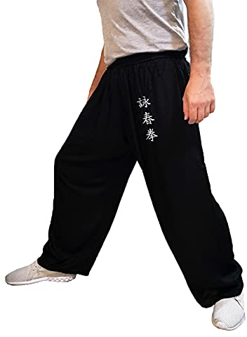 Pantalon Tai Chi Coupe Ample Homme Femme Enfant Pantalon Yoga Qigong Ouvert aux Chevilles (WC Noir, Taille XL)