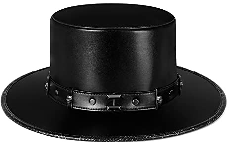 MYBOON Cappello da Dottore della Peste Cappello a Cilindro Piatto Nero in Pelle PU per Halloween Cosplay